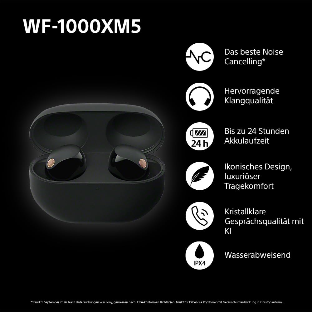 Sony WF-1000XM5 Kabellose Noise Cancelling Kopfhörer, Bluetooth, In-Ear-Kopfhörer, Mikrofon, bis zu 24 Stunden Akkulaufzeit, Schnellladefunktion, IPX4, iOS & Android kompatibel - Schwarz, klein