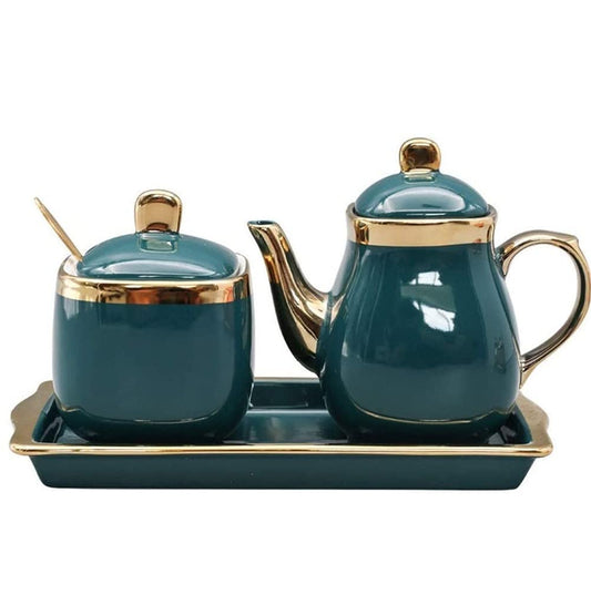 MAGICVOGEL Zuckerdose und Milchkännchen Set aus Keramik Luxus goldenen Rand Milchkanne Porzellan Sahnekanne Zuckerbehälter Gewürzdose (Grün)