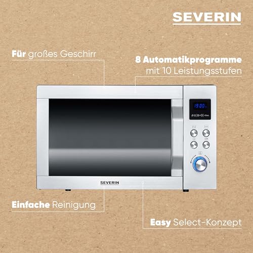 SEVERIN 3-in-1 Mikrowelle mit Grill und Ultra-Heißluftfunktion bis 230 C°, Grillen auf 2 Ebenen, flacher Glasboden statt Drehteller, XXL-Nutzfläche, leichte Reinigung, 25L, Edelstahl, MW 7777