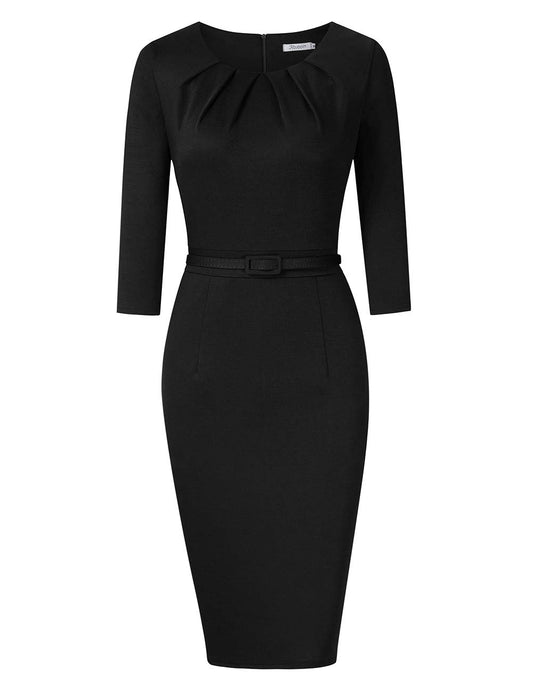 KOJOOIN Damen Etuikleid Business Bodycon Knielang Kleider Langarm Vintage Cocktailkleid mit Gürtel Schwarz L