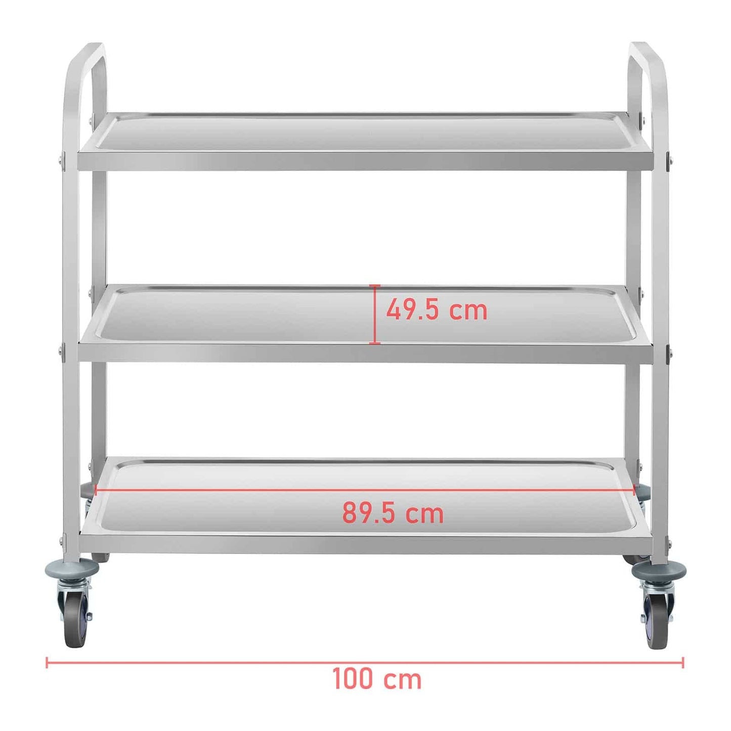 Royal Catering RCSW 3A Servierwagen Küchenwagen (3 Etagen, Tragfähigkeit 150 kg, Tablettabstand 28,3 cm, Rammschutz, vibrationsarme Schwenkrollen) Edelstahl