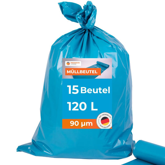 Müllsäcke 15 Stück - 1 Rolle | 120l extra starke blaue Müllbeutel | stabile Abfallsäcke 90µm | 100% Recyclinganteil | sehr reißfest & wasserdicht