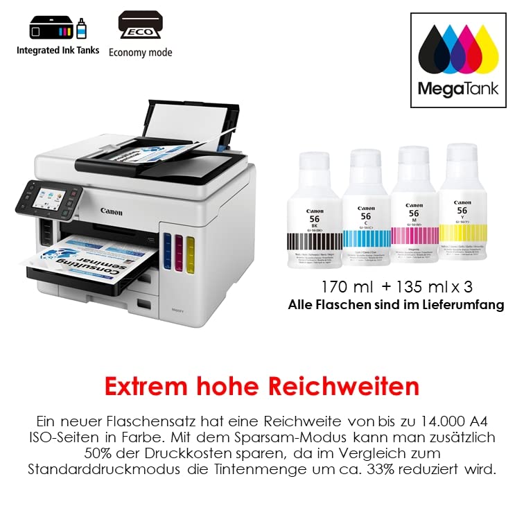Canon MAXIFY GX7050 MegaTank Multifunktionsdrucker 4in1 (Tintenstrahl, Drucken, Kopieren, Scannen, Faxen, A4, WLAN, LAN, 6,7 cm LCD Touch, Duplex-Druck und -Scan, niedrige Druckkosten, 600 Blatt) weiß
