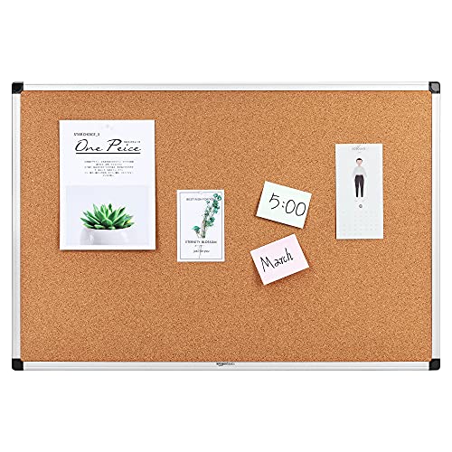 Amazon Basics Notizbrett aus Kork, Rechteckig Aluminumrahmen, 90 x 60 cm, silber