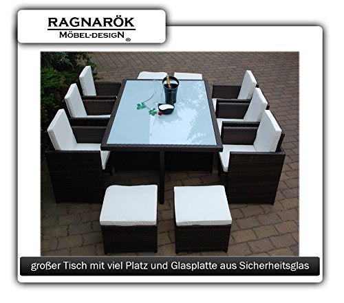 Ragnarök-Möbeldesign PolyRattan Essgruppe DEUTSCHE Marke - EIGNENE Produktion Tisch + 6 Stuhl & 4 Hocker - 8 Jahre GARANTIE - Garten Möbel incl. Glas und Sitzkissen braun Gartenmöbel