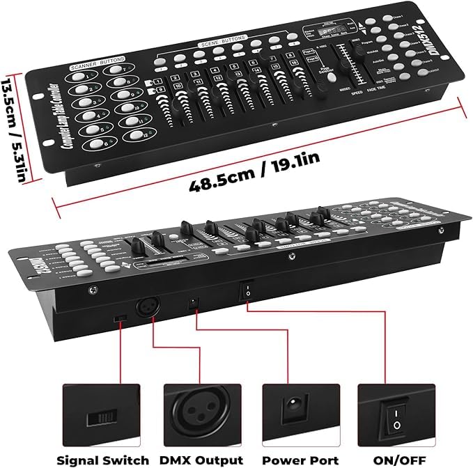 DMX Controller, 192 DMX 512 Bühnen DJ Licht Controller, Beleuchtungs mixer Board Konsole mit DMX Kabel, DMX Konsolen Kit für Lichtshows, Party, Disco, Pub, Nachtclub, DJ-Bars und Moving Heads