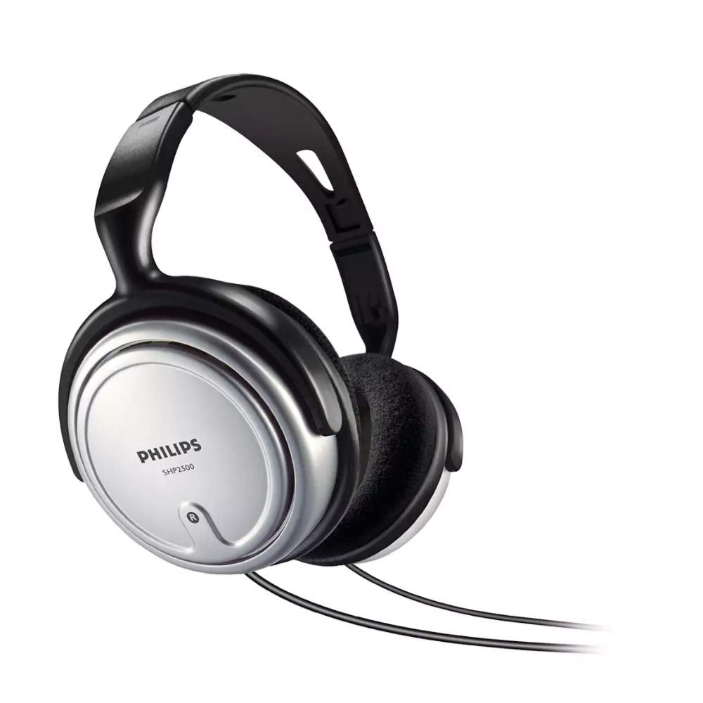 Philips Audio SHP2500/10 HiFi TV Kopfhörer (Exzellenter Sound, Geräuschisolation, idealer Sitz, Lautstärkeregler, Extralanges 6 m Kabel) silber/schwarz, Vorband verstellbar
