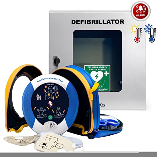 Erste Hilfe Defibrillator (AED) HeartSine SAM 360P, mit automatischer Schockauslösung für Laien und Profis, inkl. klimatisiertem Außenwandkasten mit Alarmen & Beleuchtung IP55