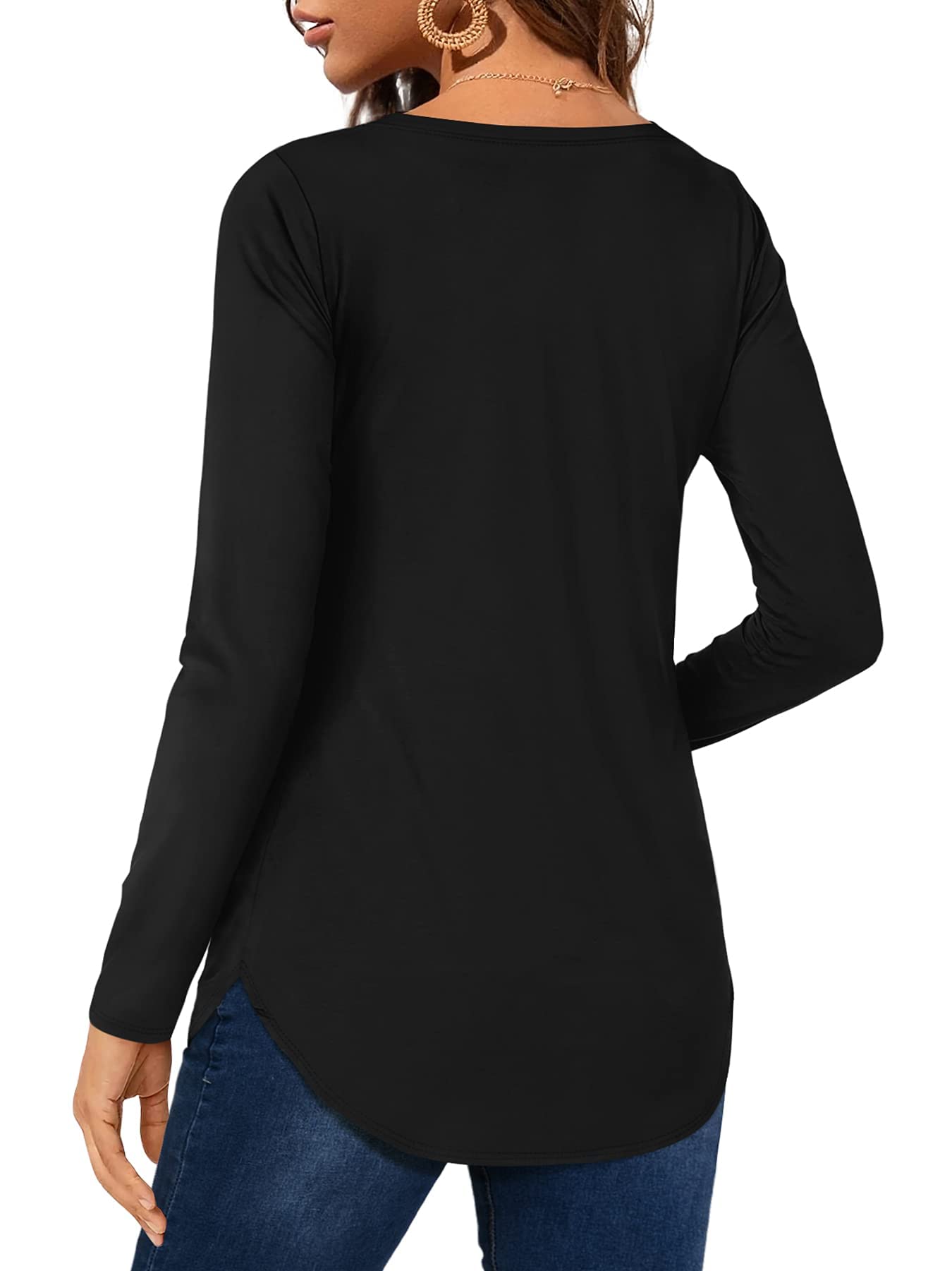 Florboom Longshirt Damen Langarm Shirts V Ausschnitt Oberteil Basic Elegantes Tshirt Schwarz M