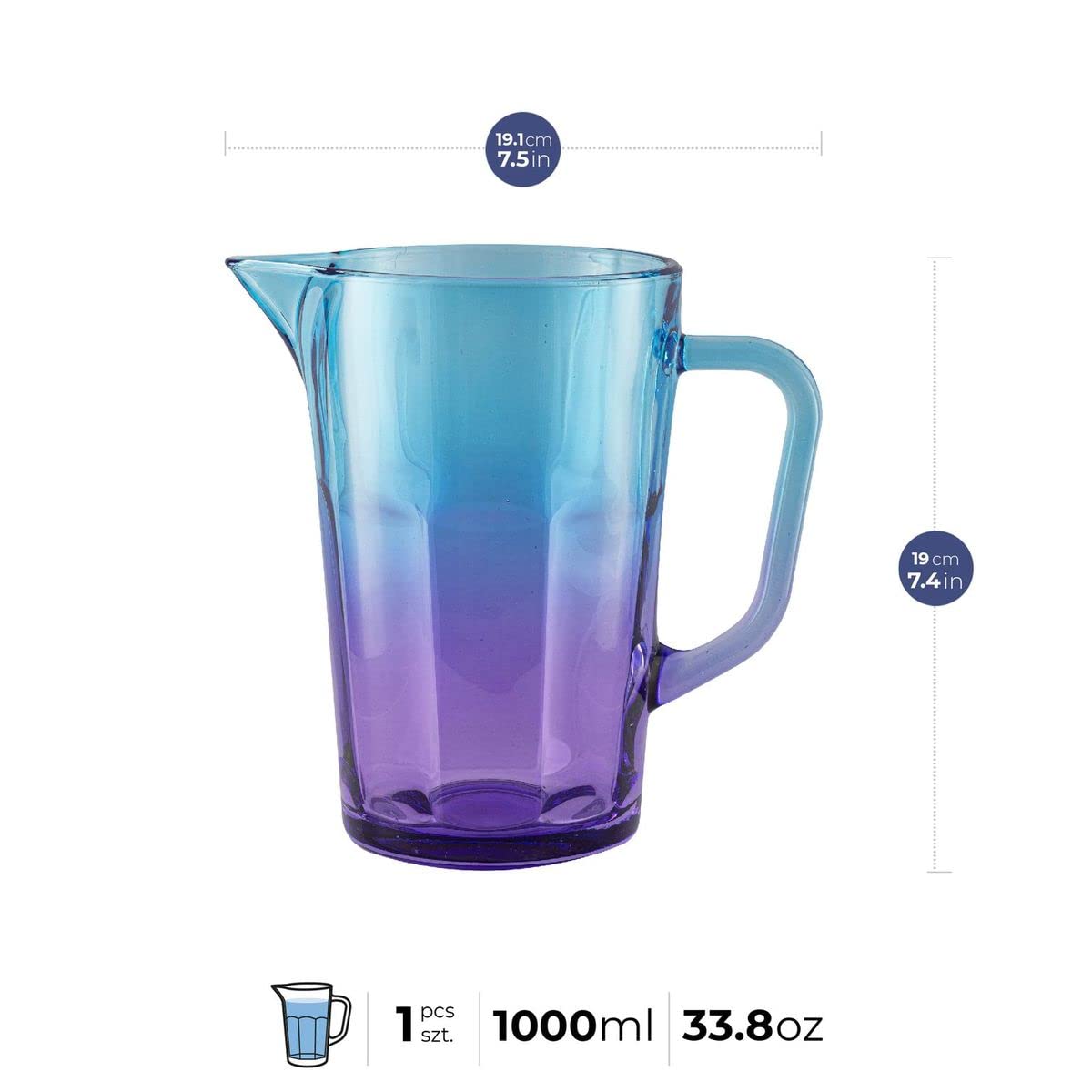 TREND FOR HOME Wasserkaraffe Glas 1 Liter mit Handlichem Griff Bunt Wasserkrug 19 cm Glaskanne Blau Lila Glaskrug Wasserkanne Glaskaraffe Glas Carafe Pitcher Glaskanne 1l Bunte | Gigi Dreamy Sunset