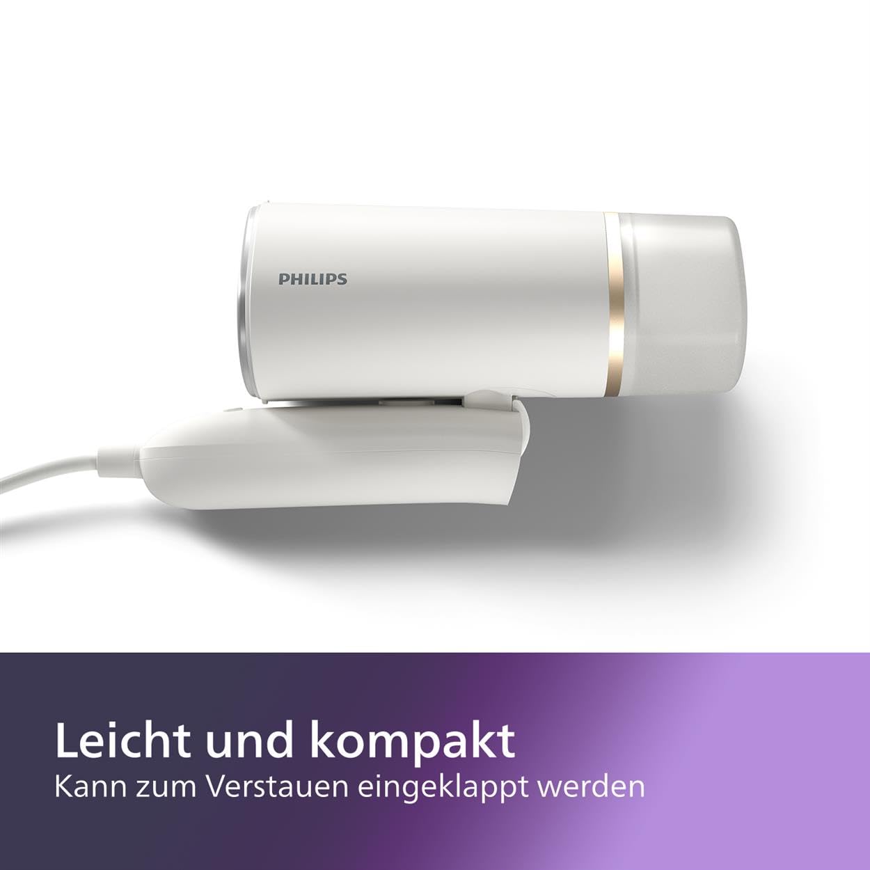 Philips 3000-Serie Tragbarer Dampfglätter - 1000 W, Kompakt und Faltbar, 120ml Wassertank konstante Dampfleistung 20 g/min, Kein Bügelbrett erforderlich, Weiß (STH3020/10)