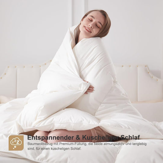 DWR Daunendecke 200x200cm, medium Ganzjahresdecke 100% Bio-Baumwolle, Übergangsdecke Bettdecke 200x200cm, Steppdecke mit Daunen und Federn, Oeko-TEX, Weiß