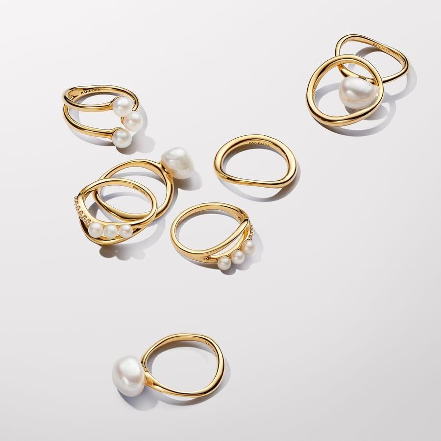PANDORA Essence Behandelte Süßwasserzuchtperle & Organisch geformter Doppelband-Ring aus Sterling Silber mit vergoldeter Metalllegierung und Zirkonia, Größe: 54, 163258C01-54