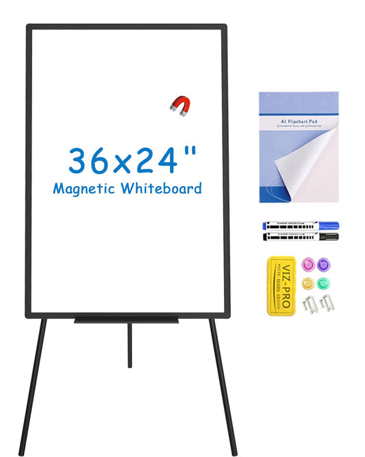 VIZ-PRO Magnetische Whiteboard-Staffelei Schwarz, 90 x 60 cm, Tragbares Trockenabwischbares Board, Höhenverstellbar für Schule, Büro und Zuhause