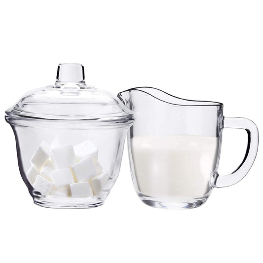 Nicunom Glas Milch und Zucker Set, Transparent Zuckerdose mit Deckel, Tee- oder Kaffeeservice-Set mit Sahnekännchen, 200 ml