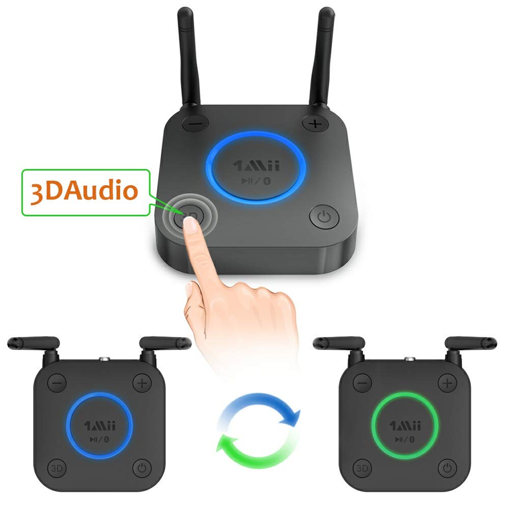 1Mii Großer Reichweite Empfänger, HiFi Kabelloser Audio Adapter, aptX Low Latency Bluetooth 5.1 Receiver mit 3D Surround für Stereoanlage Lautsprecher, Optisches Koaxial 3,5mm RCA AUX