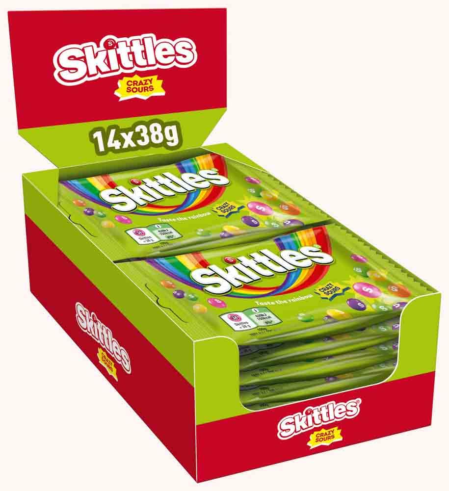 Skittles Crazy Sours Fruchtbonbons Großpackung, 14 x 38 g Saure Vegan Snacks, Regenbogen-Geschmäcker (532 g)