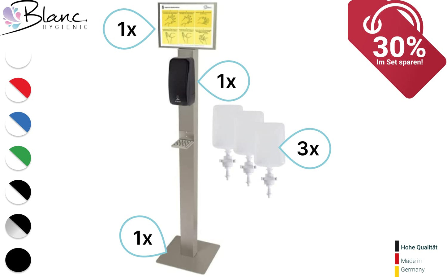 Blanc HYGIENIC Desinfektionsspender Cosmos – Spender mit Sensor und Standfuß, Spender stehend und 3X 1 Liter Desinfektionsmittel, ergiebige Händedesinfektion für ca. 3.000 Anwendungen, Schwarz