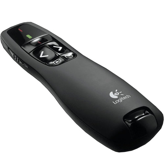 Logitech R400 Presenter, Kabellose 2.4 GHz Verbindung via USB-Empfänger, 15m Reichweite, Roter Laserpointer, Intuitive Bedienelemente, 6 Tasten, Batterieanzeige, PC - Schwarz