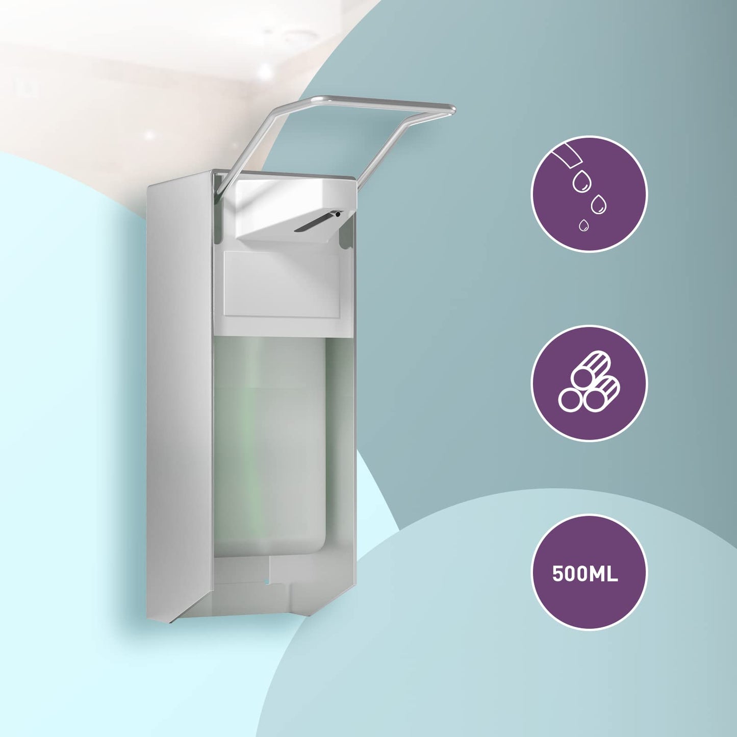 HOUSEHOLD WORLD Eurospender, Seifenspender Wandbefestigung, Seifenspender Mit Ellbogendruck Für Desinfektionsmittel Und Handseifen, Weißer Seifenspender, Aluminium, 500 Ml