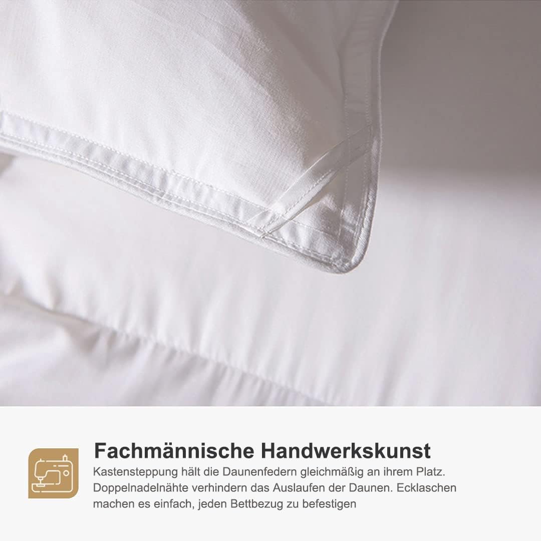 DWR Daunendecke 200x200cm, medium Ganzjahresdecke 100% Bio-Baumwolle, Übergangsdecke Bettdecke 200x200cm, Steppdecke mit Daunen und Federn, Oeko-TEX, Weiß