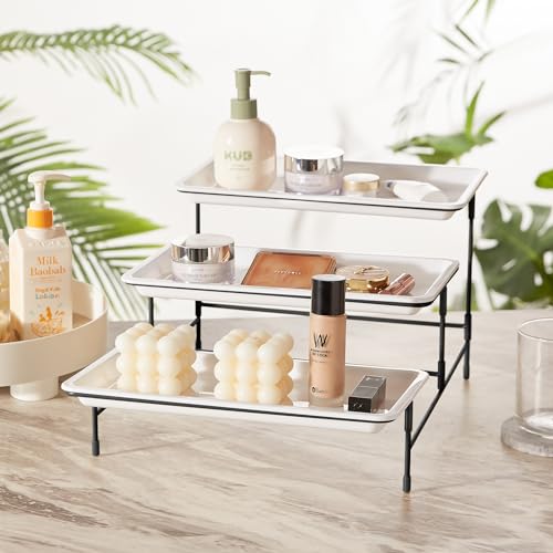 Lifewit 3-stufiges Serviertablett für Partyzubehör, 30x17cm Servierplatte zum Anrichten von Speisen, weiße wiederverwendbare Tabletts mit schwarzer Obstschale für Gemüse, Obst, Kekse, Desserts