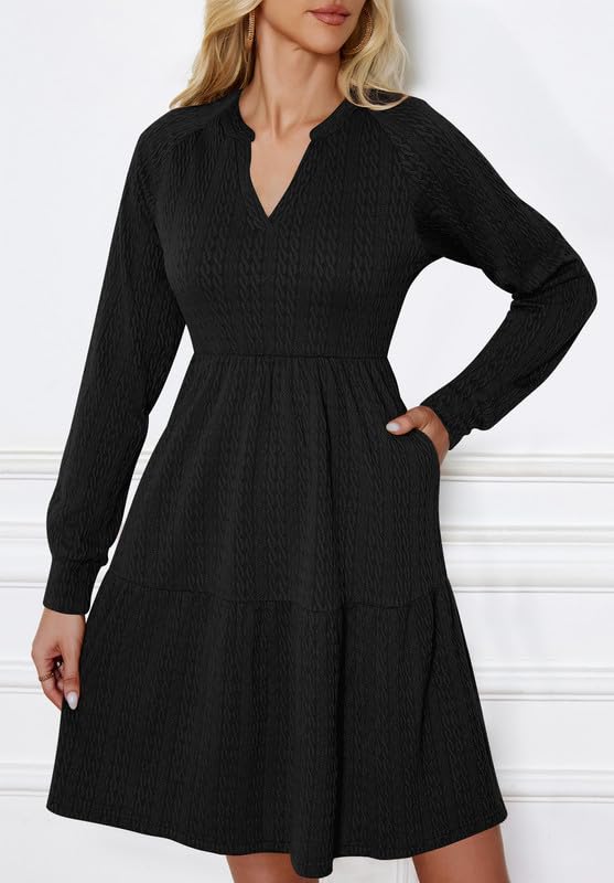Ritiriko Damen Strickkleid Langarm V-Ausschnitt Pulloverkleid Elegant Knielang Herbstkleid Casual Gestrickt Kleid Herbst Winter A Linien mit Taschen Schwarz S