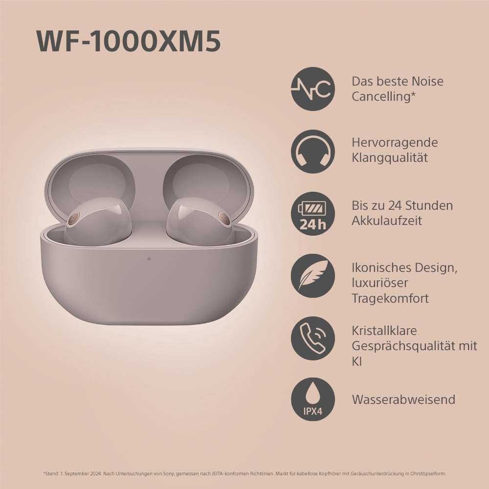 Sony WF-1000XM5 Kabellose Noise Cancelling Kopfhörer, Bluetooth, In-Ear-Kopfhörer, Mikrofon, bis zu 24 Stunden Akkulaufzeit, Schnellladefunktion, IPX4, iOS & Android kompatibel - Rosa