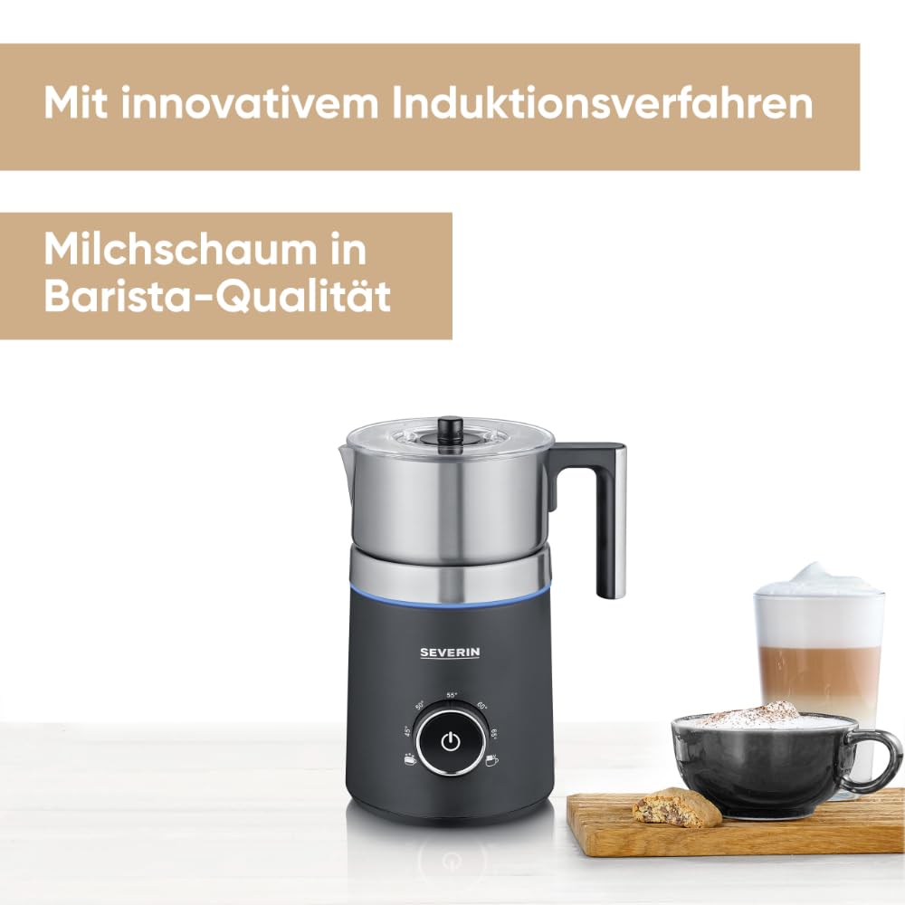 SEVERIN SPUMA 700 Induktions-Milchaufschäumer, elektrischer Milchaufschäumer ohne Anbrennen, spülmaschinengeeigneter Milchschäumer, Edelstahl-gebürstet/schwarz-matt, SM 3586