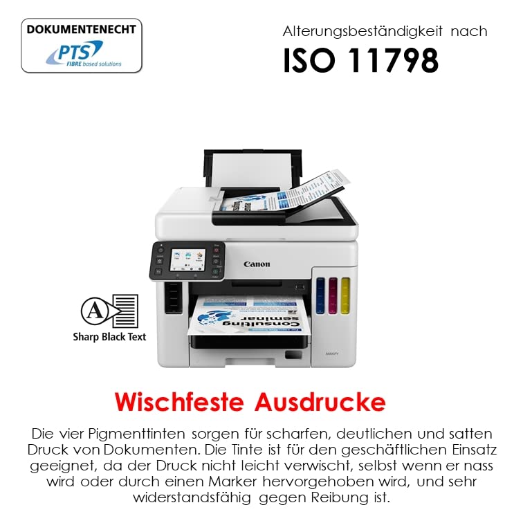 Canon MAXIFY GX7050 MegaTank Multifunktionsdrucker 4in1 (Tintenstrahl, Drucken, Kopieren, Scannen, Faxen, A4, WLAN, LAN, 6,7 cm LCD Touch, Duplex-Druck und -Scan, niedrige Druckkosten, 600 Blatt) weiß
