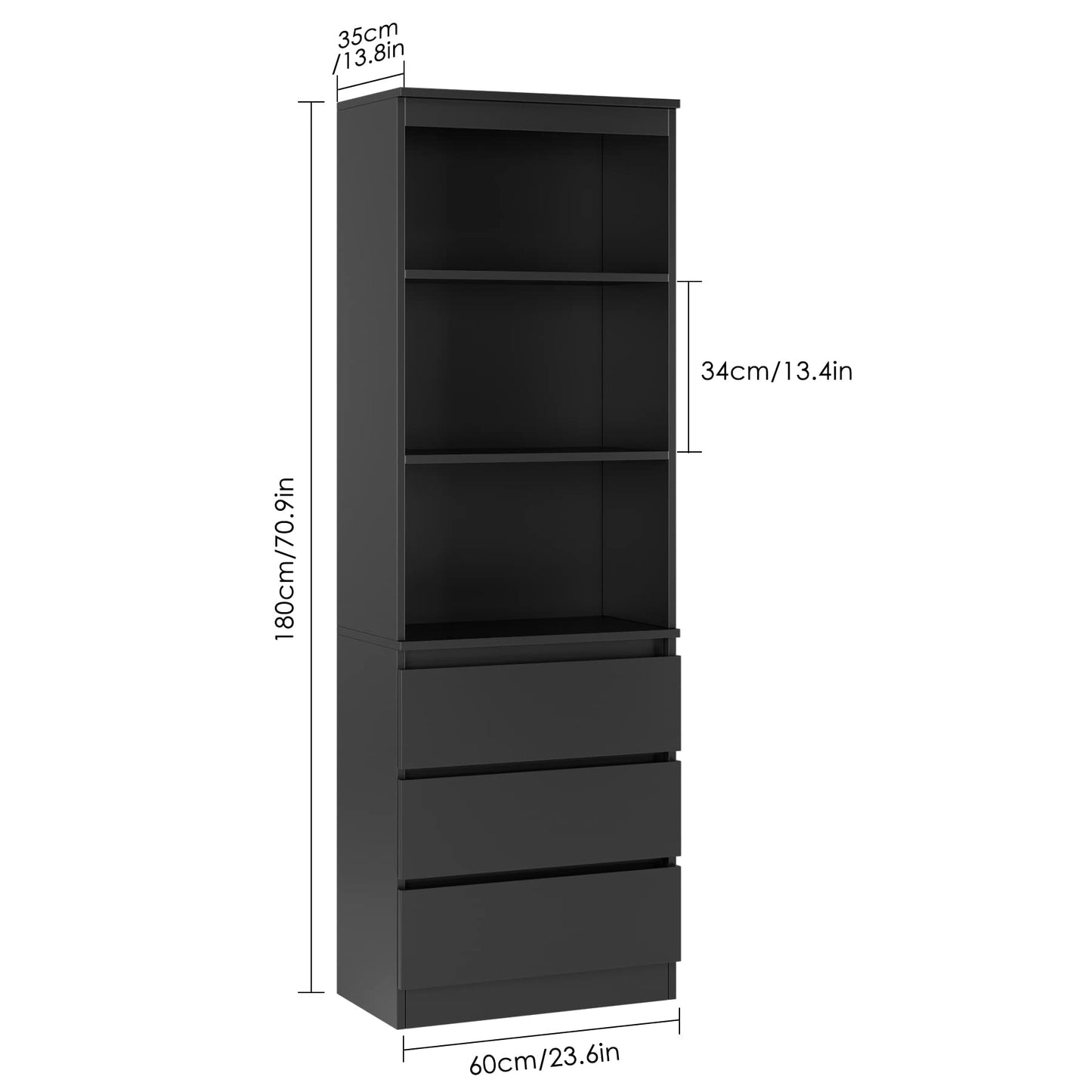 FirFurd Bücherregal mit 3 Schubladen 3 Fächern, 180 cm Hochschrank, Küchenschrank aus Holz, Mehrzweckschrank für Wohnzimmer Büro Küche, Schwarz