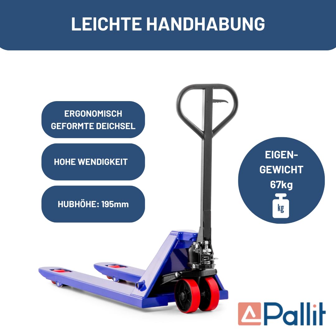 Pallit FIVE Hubwagen 2500 kg Palettenwagen 1150 mm Gabellänge Blau Robuster Gabelhubwagen mit PU Rollen Handhubwagen aus Stahl, langlebig
