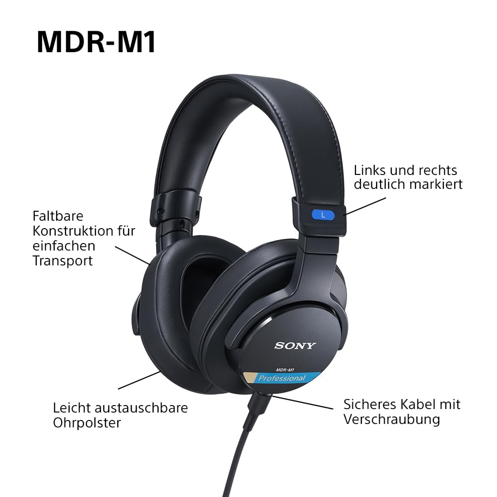 Sony MDR-M1 Studio-Kopfhörer mit geschlossenem Rücken - kabelgebunden, Ultra-Breitband-Wiedergabe (5Hz-80kHz), ideal für Studioaufnahmen und -abmischungen, leicht (216g), 2 abnehmbare Kabel, schwarz