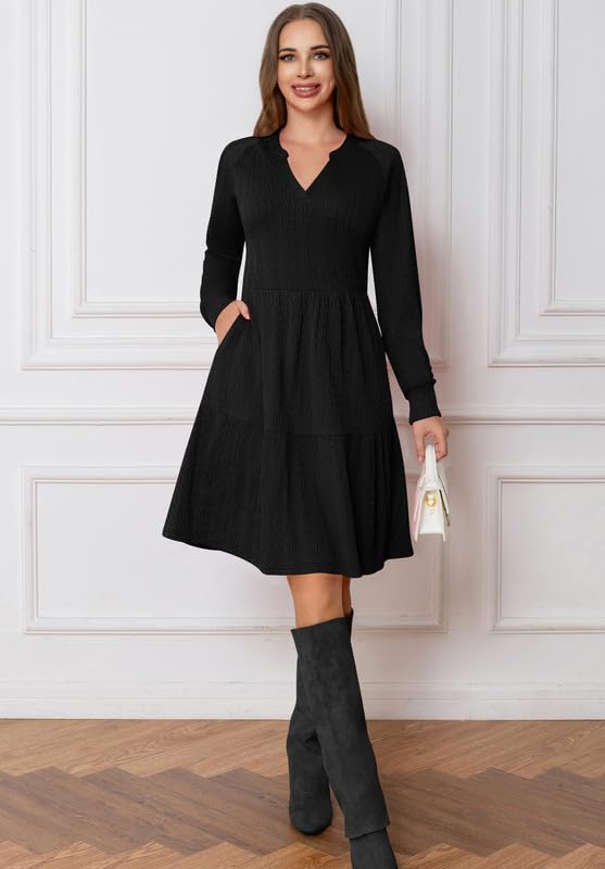 Ritiriko Damen Strickkleid Langarm V-Ausschnitt Pulloverkleid Elegant Knielang Herbstkleid Casual Gestrickt Kleid Herbst Winter A Linien mit Taschen Schwarz S