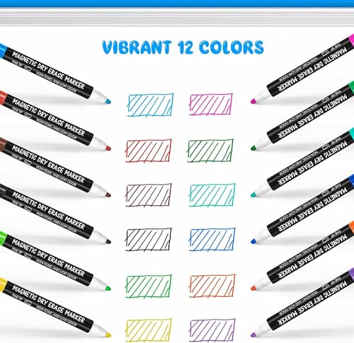 maxtek Whiteboard Stifte, Magnetische, Trocken Abwischbare Marker, Whiteboard Marker mit Feiner Spitze, Folienstift Abwischbar Geruchsarmer Erase Marker mit Radiergummi (12 Farben, 12 Stück)