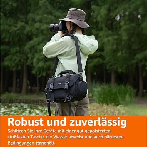 Amazon Basics - Schultertasche für SLR-Kamera und Zubehör, Groß, Verstellbarer Gurt, Wasserdicht, Stoßfest, Einfarbig, Gepolstert - Schwarz/Orange