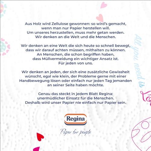 Regina mit Herzen Haushaltstücher 3-lagig, 32 Rollen-Packung (8 x 4 Einzelpackungen), 43 Blatt pro Rolle, Super saugfähig, Dick, Beständig, SC®-zertifiziertes Papier