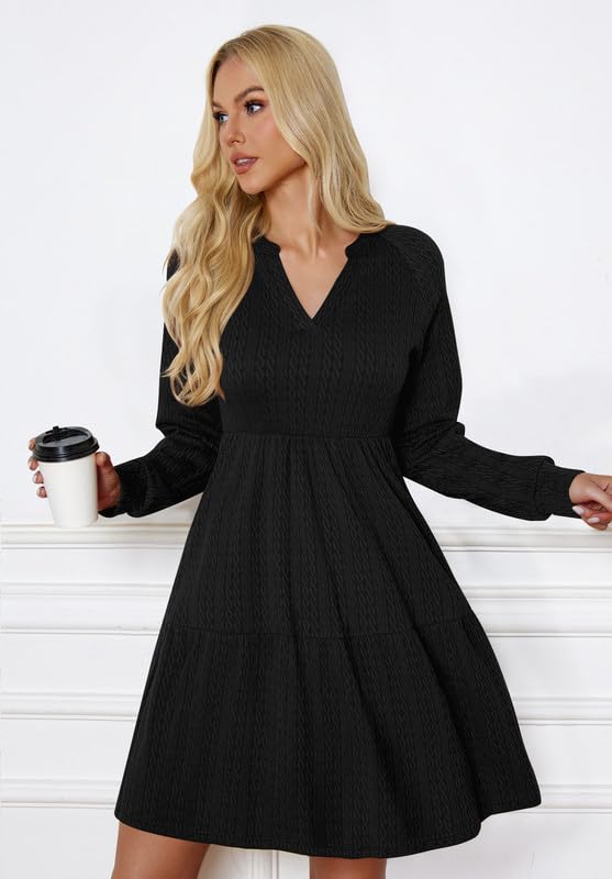 Ritiriko Damen Strickkleid Langarm V-Ausschnitt Pulloverkleid Elegant Knielang Herbstkleid Casual Gestrickt Kleid Herbst Winter A Linien mit Taschen Schwarz S