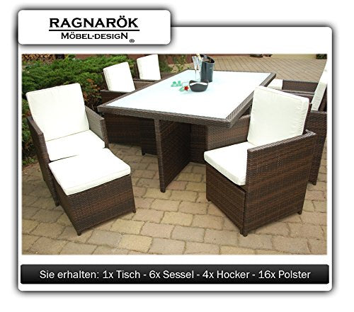Ragnarök-Möbeldesign PolyRattan Essgruppe DEUTSCHE Marke - EIGNENE Produktion Tisch + 6 Stuhl & 4 Hocker - 8 Jahre GARANTIE - Garten Möbel incl. Glas und Sitzkissen braun Gartenmöbel