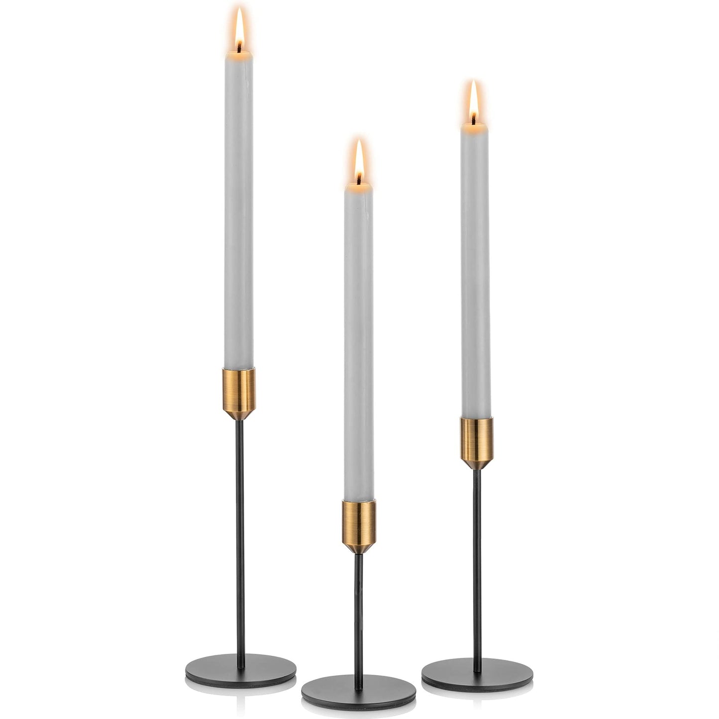 Romadedi Kerzenständer Gold & Schwarz - 3er-Set Hoch Kerzenhalter Unterschiedlicher Größe für Stabkerze Kerzen Metall Vintage Modern Deko Tischdeko für Weihnachten Hochzeit Wohnzimmer, 24/20/14 cm