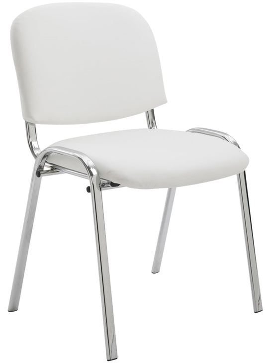 Weißer CLP Stapelstuhl Ken mit Kunstleder-Bezug und Metallgestell in Chrom-Optik, ideal für Konferenzen und Veranstaltungen, auf neutralem Hintergrund.