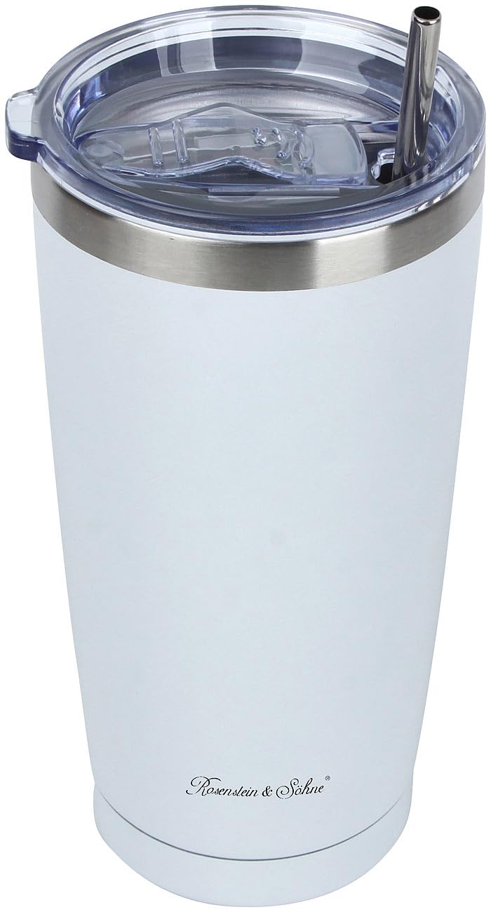 Rosenstein & Söhne Isolierbecher 600 ml – Edelstahl, Weiß, inkl. Deckel & Edelstahl-Strohhalmen