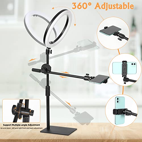 10 Zoll LED Ringlicht mit Stativ Handy, Overhead Stativ Handy mit Ringlicht, Dimmbare LED Tischringlicht für YouTube-Videoaufnahmen, Selfie, Makeup, Tik Tok, Fotografie Kompatibel mit Smartphone