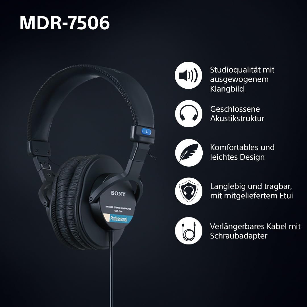 Sony MDR-7506 Studio-Monitor-Kopfhörer, geschlossen, kabelgebunden, 10 Hz-20 kHz, 63 Ohm, leichtes, faltbares Design (227 g), ideal für Studioaufnahmen und -abmischungen, inkl. Tasche, schwarz