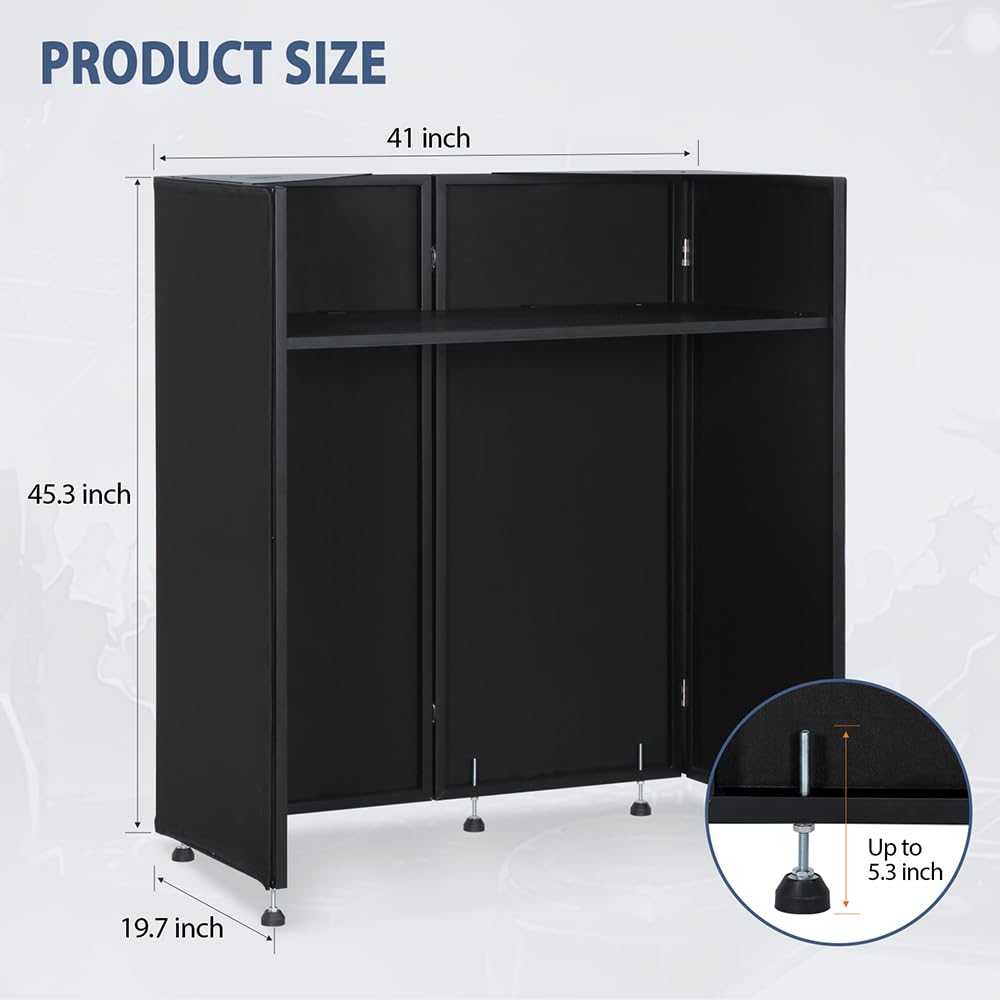 SMONTER Tragbarer DJ-Tisch mit Lichtriegel & Fernbedienung - DJ Booth mit Kabeldurchführung, Dual Top Ecken, Metallrahmen, Schwarze & Weiße Scrims, 5 Verstellbare Füße und Tragetasche–104Lx50Bx115H