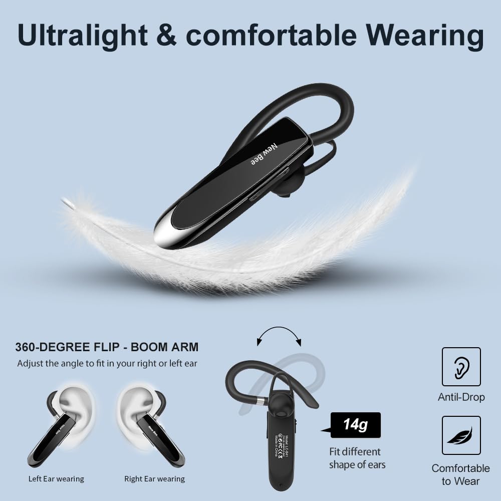 New Bee Bluetooth Headset Wireless Freisprech Telefon Bluetooth-Headset mit Mikrofon für iPhone Samsung Huawei mit 60 Tage Standby Schwarz