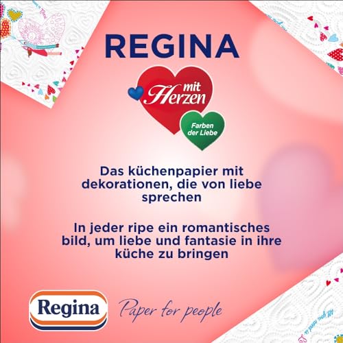 Regina mit Herzen Haushaltstücher 3-lagig, 32 Rollen-Packung (8 x 4 Einzelpackungen), 43 Blatt pro Rolle, Super saugfähig, Dick, Beständig, SC®-zertifiziertes Papier