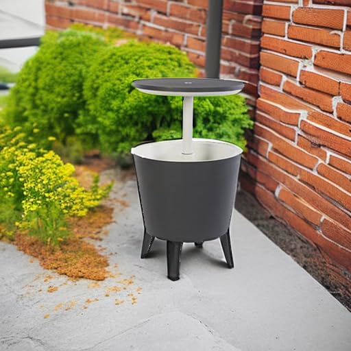 Keter Moderne Coole Bar-Outdoor-Terrassenmöbel und Whirlpool-Beistelltisch mit 2,5 l Bier- und Weinkühler, Dunkelgrau