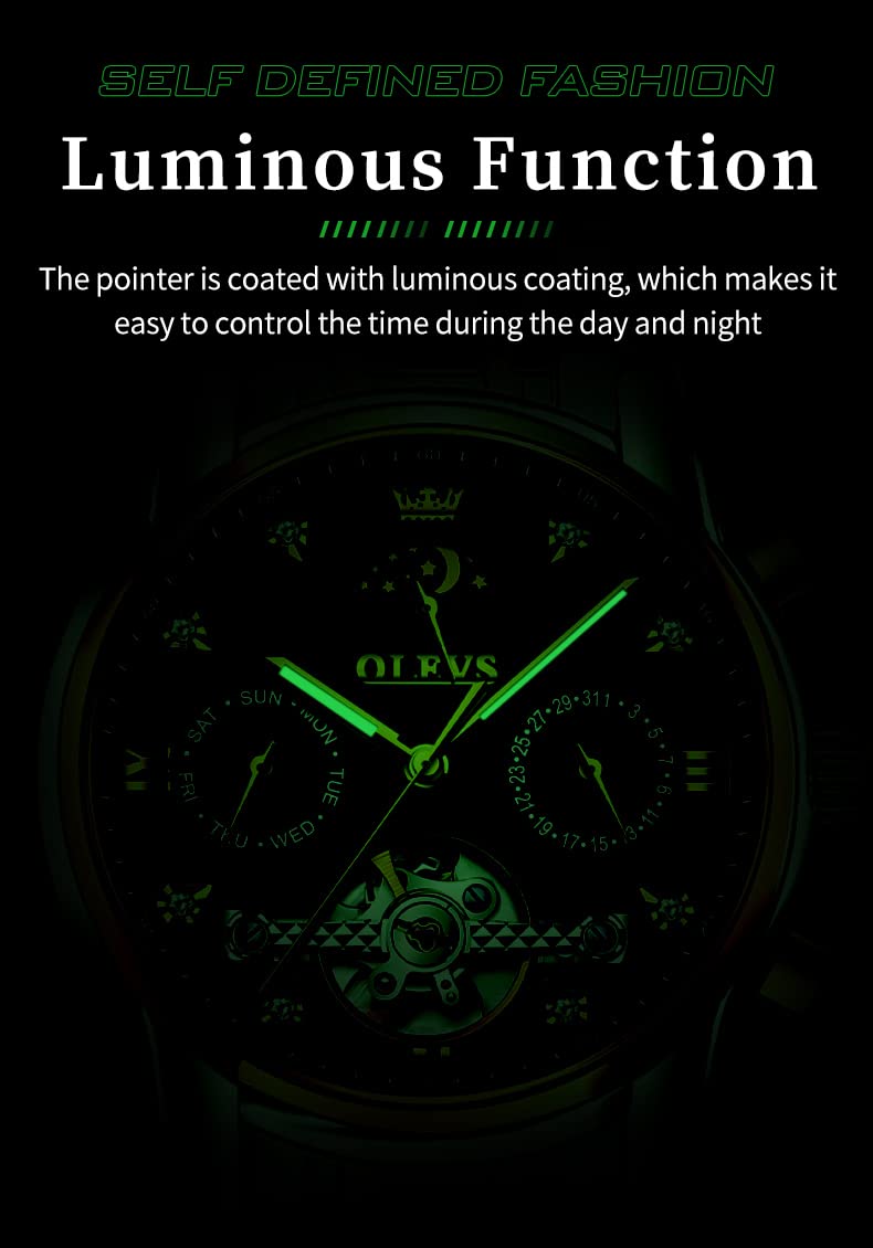 OLEVS Herrenuhren Automatik Mechanische Blau Armbanduhr mit Skelettiertem Tourbillon Kalender Wasserdicht Leuchtende Klassische Luxus Armbanduhren für Herren
