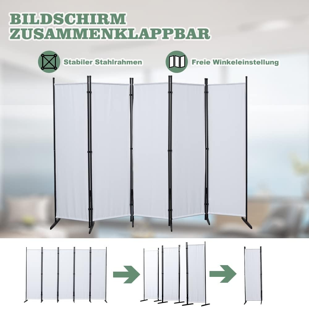 Mingone Raumteiler Trennwand Paravent 5-TLG. Sichtschutz Faltbar mit Metallrahmen Polyester-Mischgewebe für Wohnzimmer, Schlafzimmer, Küche, Büro, Balkon, Garten, Weiß, 250x176cm